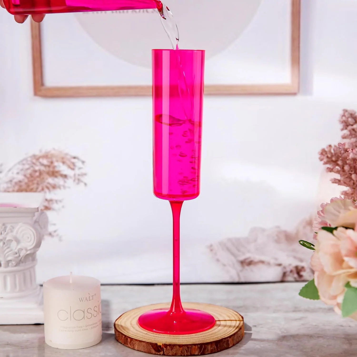 Hot Pink Square Plastic Champagne Flutes, Steammed, Clear Design (6 oz) — view 11