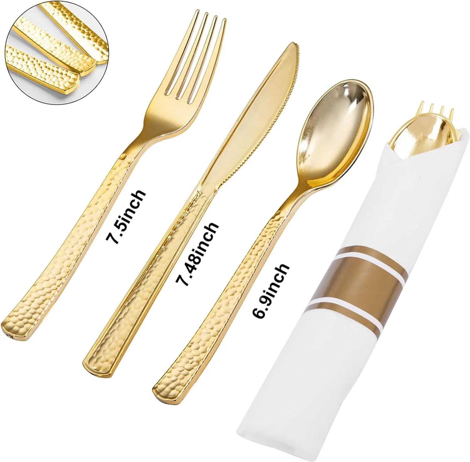Gold Hammered Pre Rolled Plastic Silverware Sets — view 13