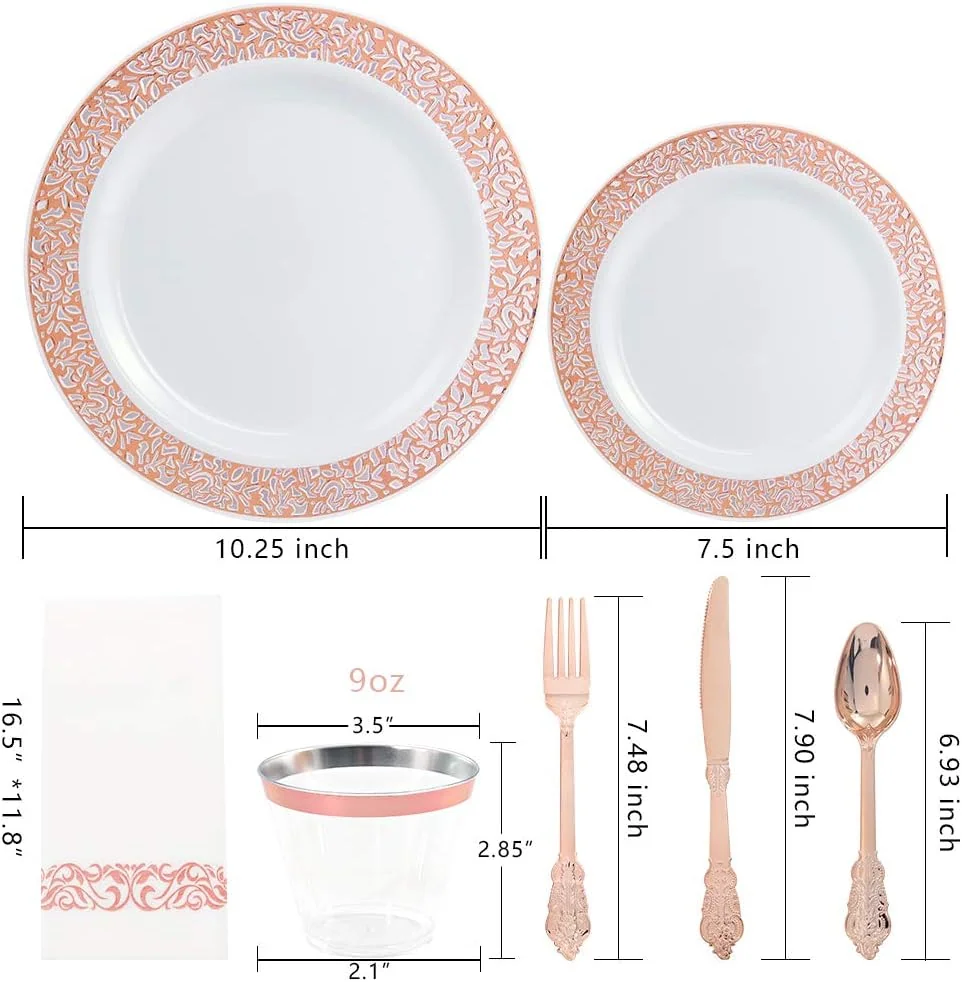 Rose Gold Lace Design Deluxe Disposable Dinnerware Set with Napkins — view 11