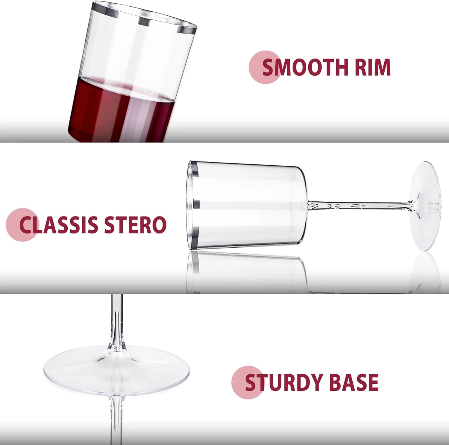 Square Silver Rim Stemmed Plastic Wine Glasses, Clear Design (14 oz) — view 14