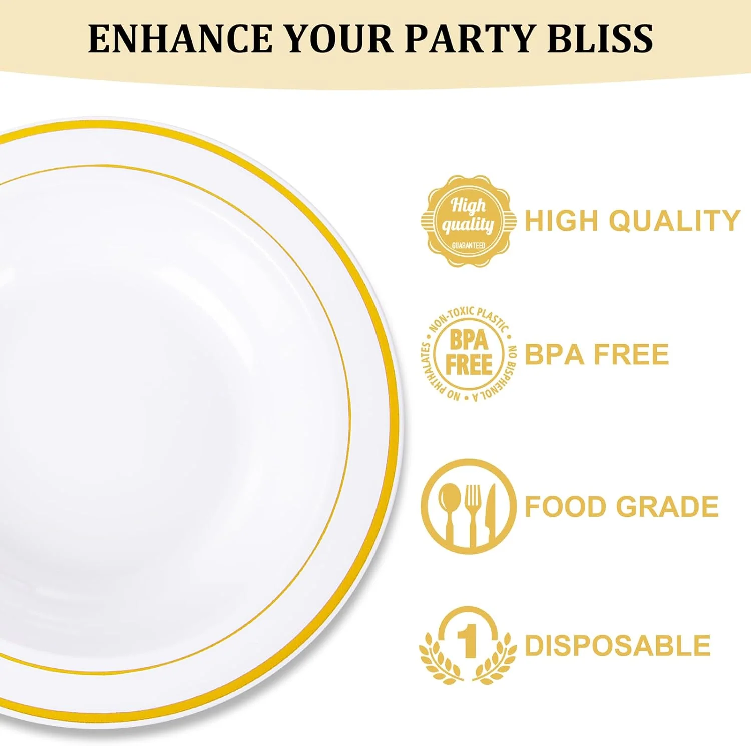 White Plastic Bowls with Gold Rim — view 14
