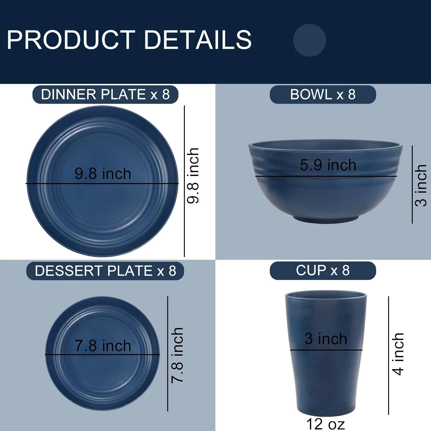 Dark BlueWheat Straw Dinnerware Sets for 8,Microwave Dishwasher Safe,Unbreakable ,Reusable Tableware Set,Beige Set Plates, Bowls, Cups. — view 13