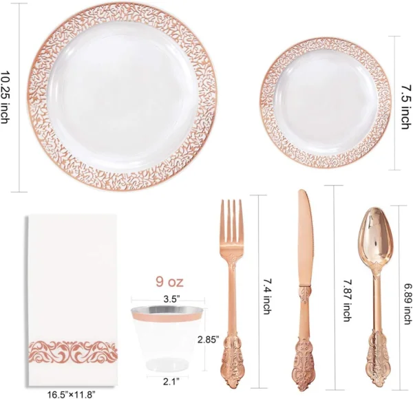 Clear Rose Gold Dark Plastic Plates, Disposable Plates for , Dinnerware Include 50 Dinner Plates 50 Dessert Plates, 50 Cups, 50 Pre Rolled Napkins with Cutlery Set for Party — view 11
