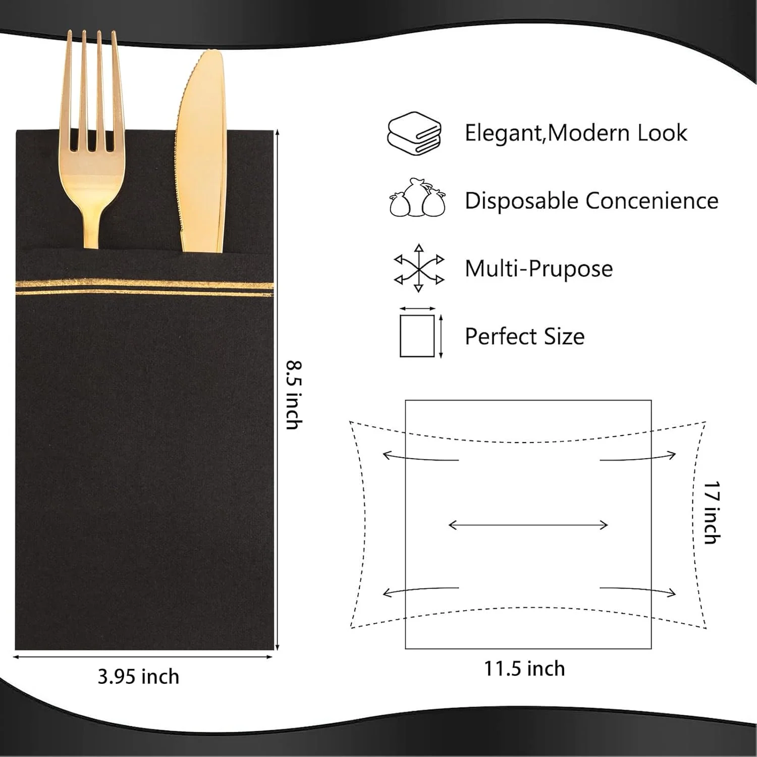 Black Paper Napkins with Built-in Flatware Pocket — view 13
