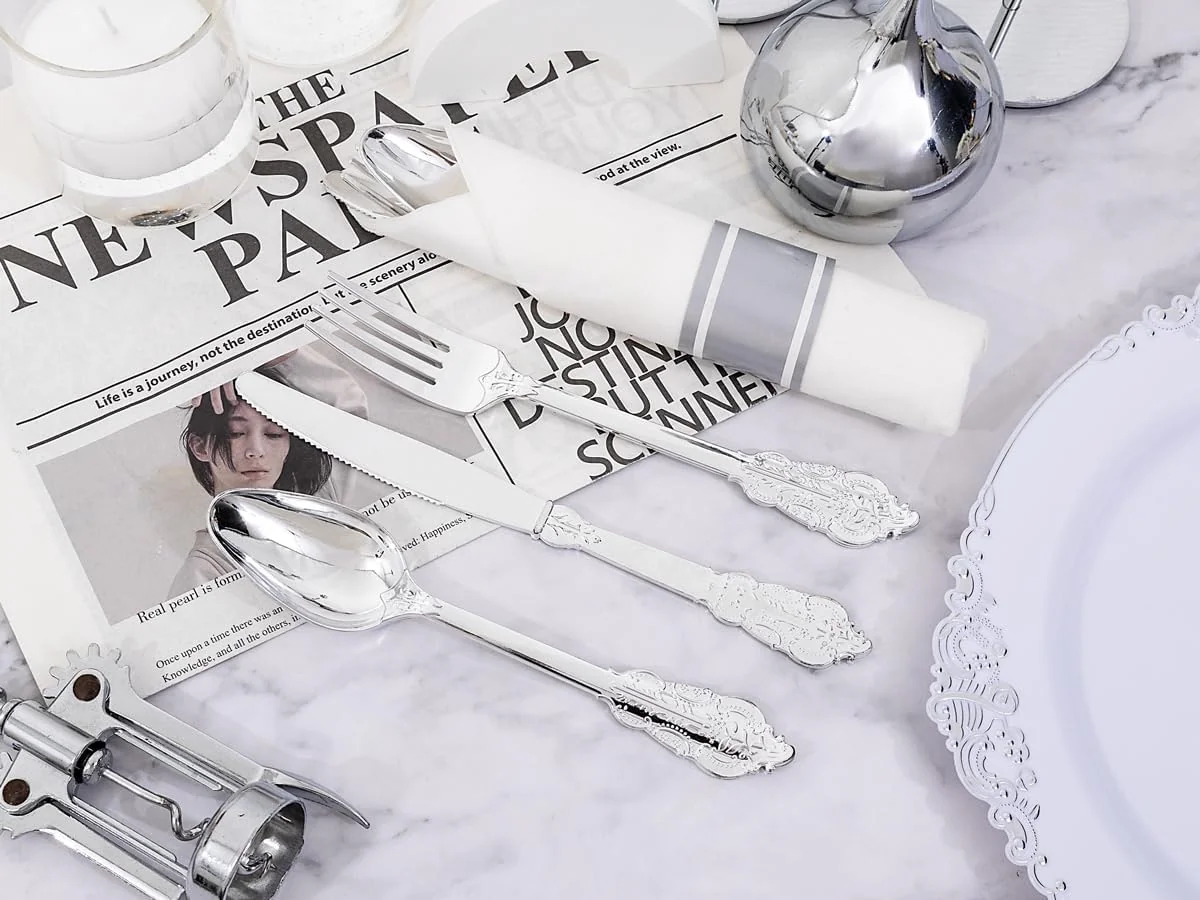 Silver Fancy Pre Rolled Plastic Silverware Sets — view 12