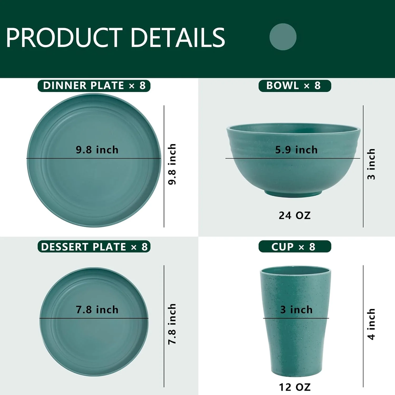 Dark Green Wheat Straw Dinnerware Sets for 8,Microwave Dishwasher Safe,Unbreakable ,Reusable Tableware Set,Beige Set Plates, Bowls, Cups. — view 13