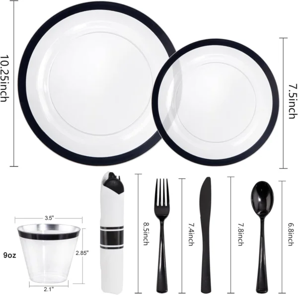 Clear Black Dark Plastic Plates, Disposable Plates for , Dinnerware Include 50 Dinner Plates 50 Dessert Plates, 50 Cups, 50 Pre Rolled Napkins with Cutlery Set for Party — view 12