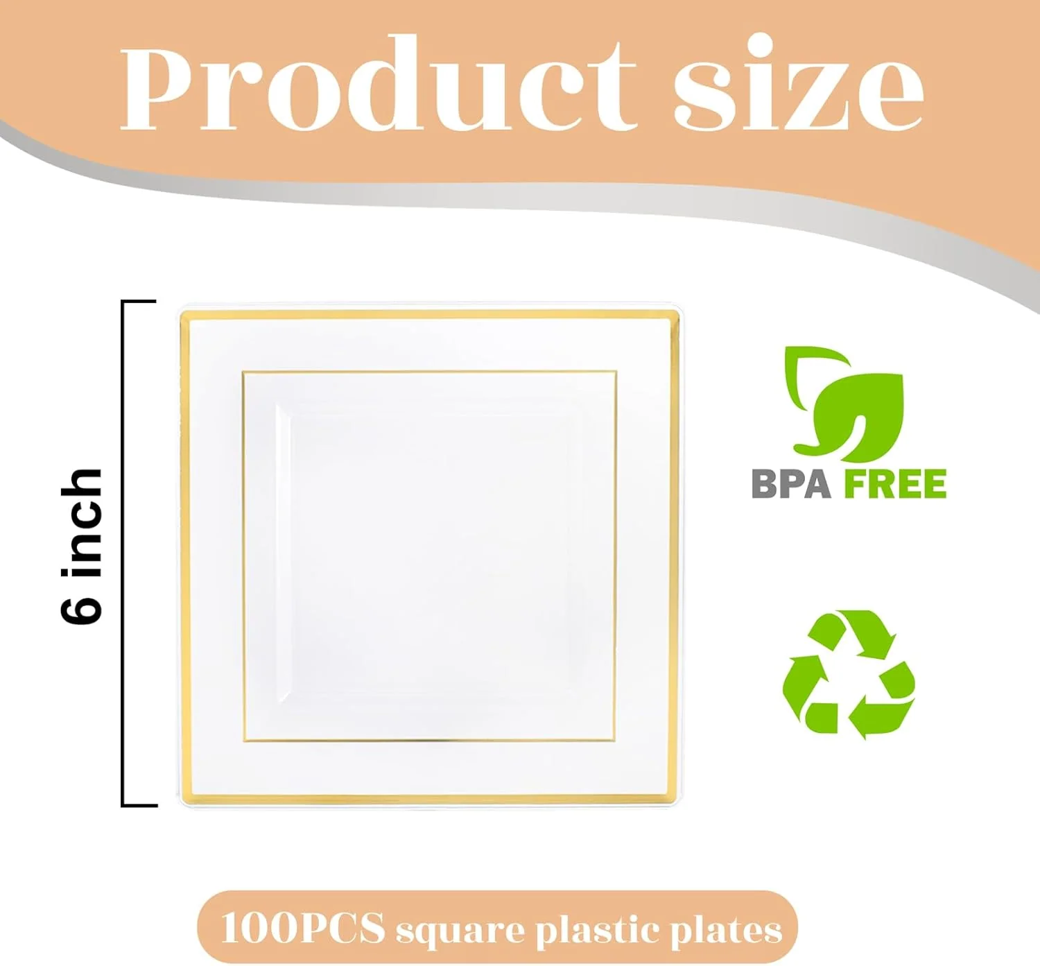 Clear Gold Square Plastic Plates-6inch Disposable Cake Plates- Premium Hard Square Small Appetizer Plates for Wedding/Party — view 13