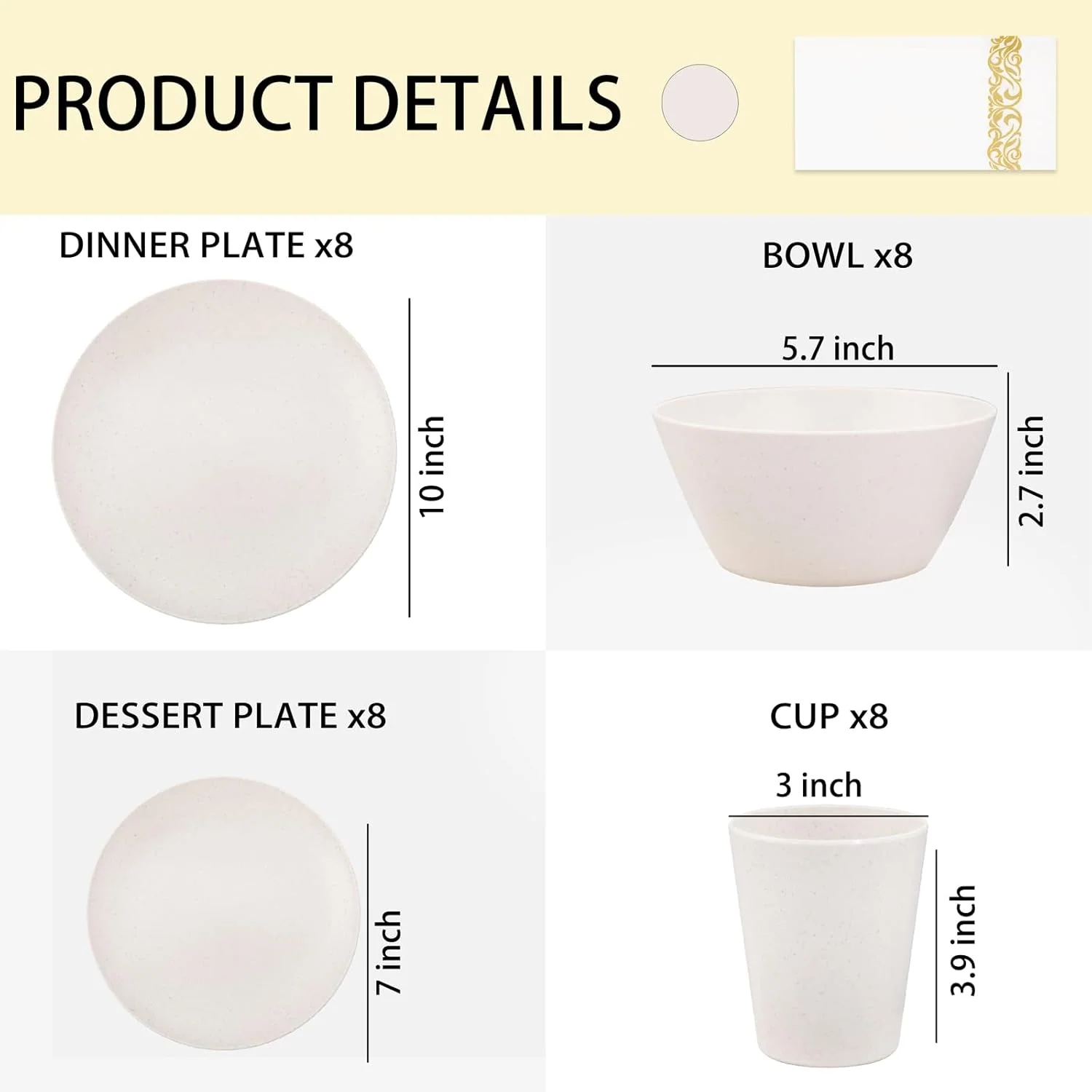 Beige Wheat Straw Dinnerware With Sets,Unbreakable Dinner Plates for 8,Microwave Dishwasher Safe,Reusable ,Set Plates, Bowls, Cups. — view 13
