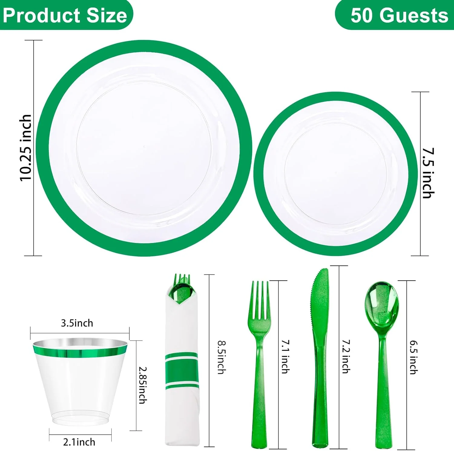 Clear Green Dark Plastic Plates, Disposable Plates for , Dinnerware Include 50 Dinner Plates 50 Dessert Plates, 50 Cups, 50 Pre Rolled Napkins with Cutlery Set for Party — view 13