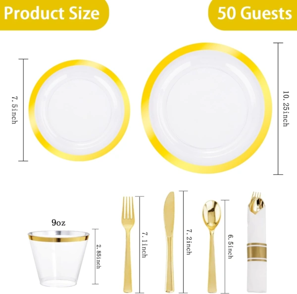 Clear Gold Dark Plastic Plates, Disposable Plates for , Dinnerware Include 50 Dinner Plates 50 Dessert Plates, 50 Cups, 50 Pre Rolled Napkins with Cutlery Set for Party — view 12