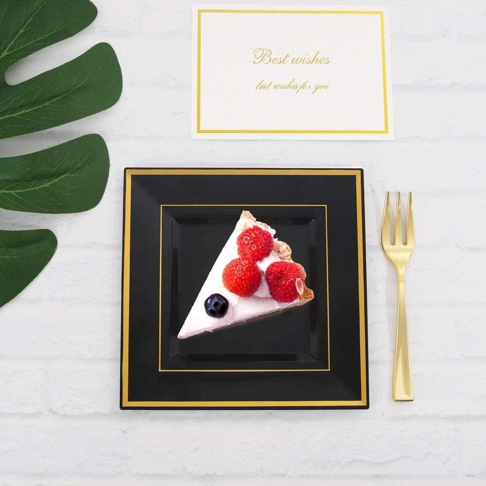 Black With Gold Rim Square Plastic Plates-6inch Disposable Cake Plates- Premium Hard Square Small Appetizer Plates for Wedding/Party — view 10