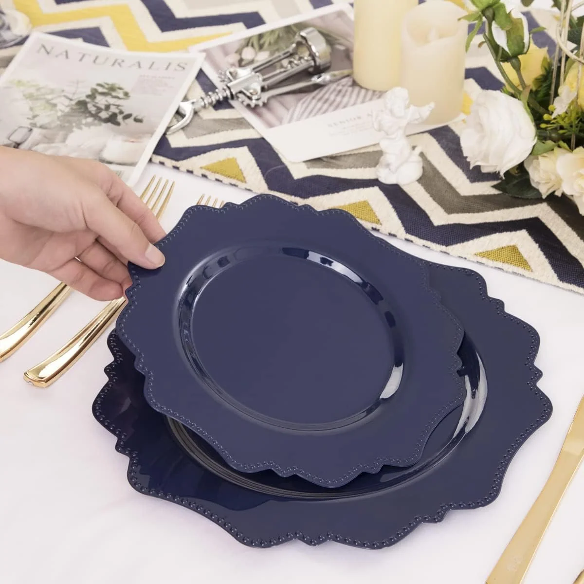 Navy Blue Disposable Plastic Plates-Heavy duty plate for party/wedding/anniversary 30 dinner plates and 30 dessert/salad plates — view 15