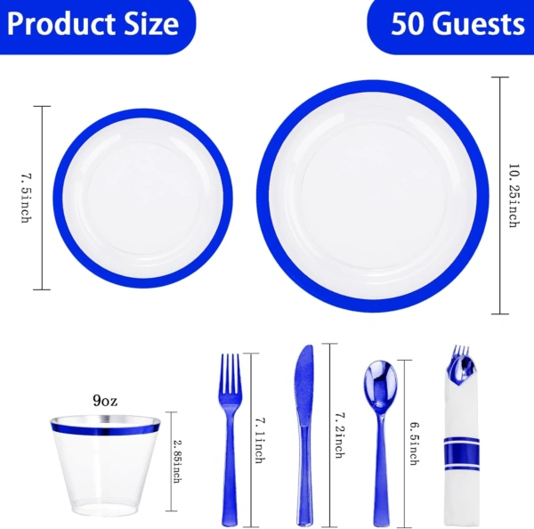 Clear Blue Dark Plastic Plates, Disposable Plates for , Dinnerware Include 50 Dinner Plates 50 Dessert Plates, 50 Cups, 50 Pre Rolled Napkins with Cutlery Set for Party — view 13