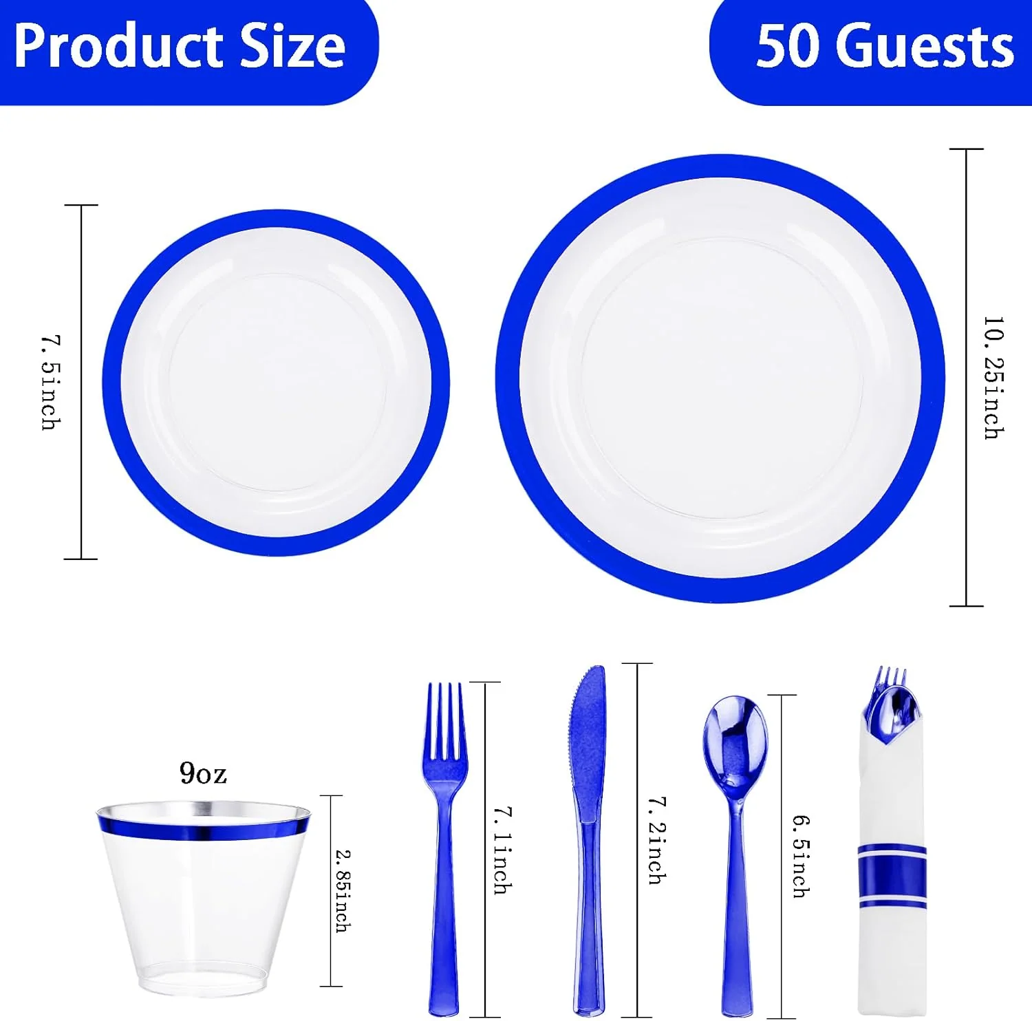 Clear Blue Dark Plastic Plates, Disposable Plates for , Dinnerware Include 50 Dinner Plates 50 Dessert Plates, 50 Cups, 50 Pre Rolled Napkins with Cutlery Set for Party — view 13