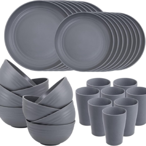 Dark Grey Wheat Straw Dinnerware Sets,Unbreakable Dinner Plates for 8,Microwave Dishwasher Safe,Reusable ,Set Plates, Bowls, Cups. — view 11