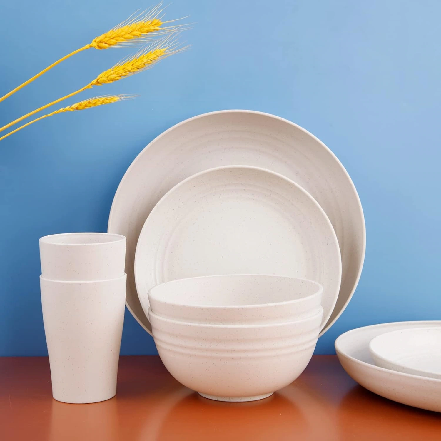 White Wheat Straw Dinnerware Sets for 8,Microwave Dishwasher Safe,Unbreakable ,Reusable Tableware Set,Beige Set Plates, Bowls, Cups. — view 14