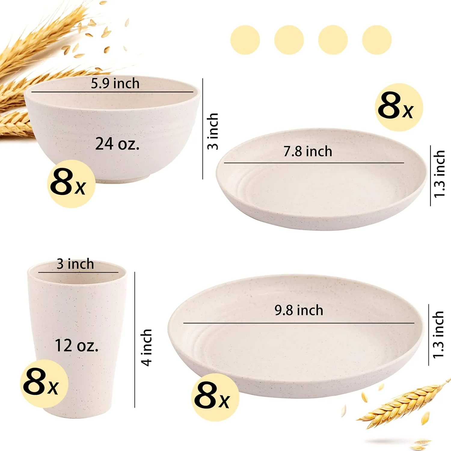 White Wheat Straw Dinnerware Sets for 8,Microwave Dishwasher Safe,Unbreakable ,Reusable Tableware Set,Beige Set Plates, Bowls, Cups. — view 11