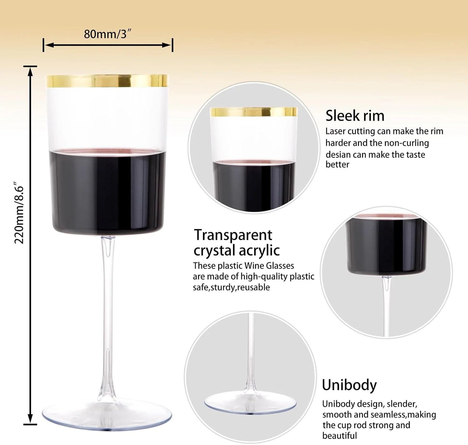 Square Gold Stemmed Plastic Wine Glasses, Large Capacity (14 oz) — view 13