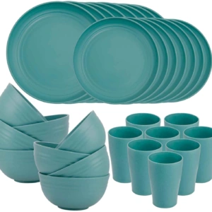 Dark Green Wheat Straw Dinnerware Sets for 8,Microwave Dishwasher Safe,Unbreakable ,Reusable Tableware Set,Beige Set Plates, Bowls, Cups. — view 11