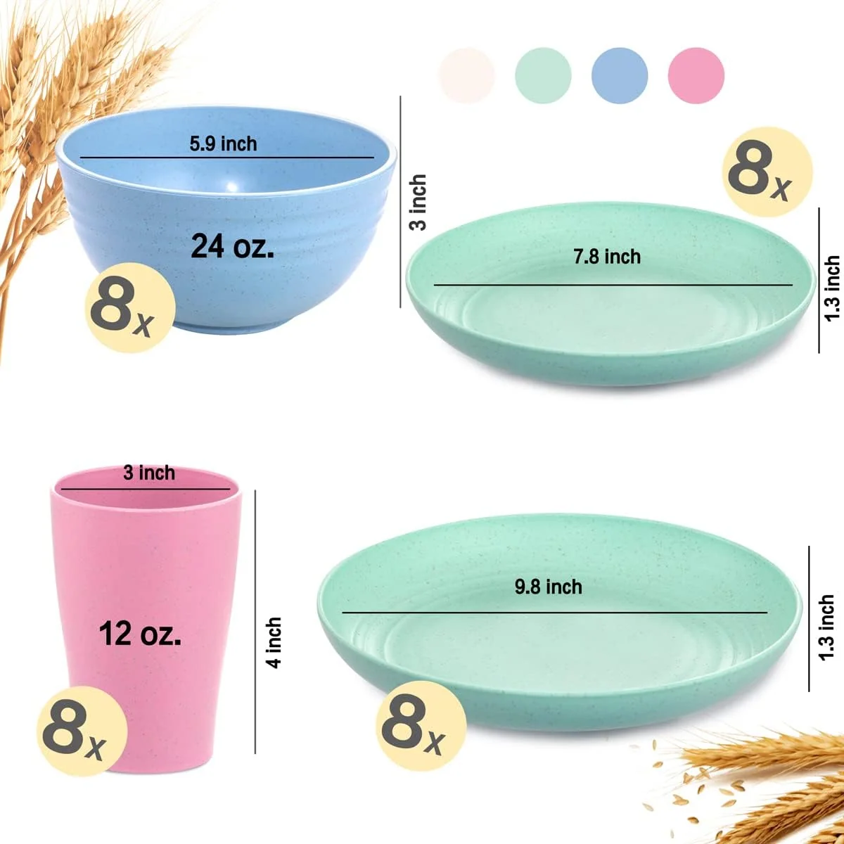 Four Color Wheat Straw Dinnerware Sets for 8,Microwave Dishwasher Safe,Unbreakable ,Reusable Tableware Set,Beige Set Plates, Bowls, Cups. — view 11