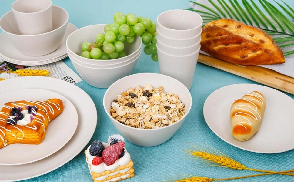 Beige Wheat Straw Dinnerware With Sets,Unbreakable Dinner Plates for 8,Microwave Dishwasher Safe,Reusable ,Set Plates, Bowls, Cups. — view 16