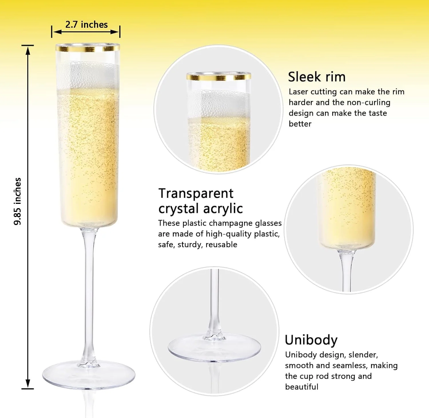 Gold Rim Square Plastic Champagne Flutes, Clear Design (6 oz) — view 13