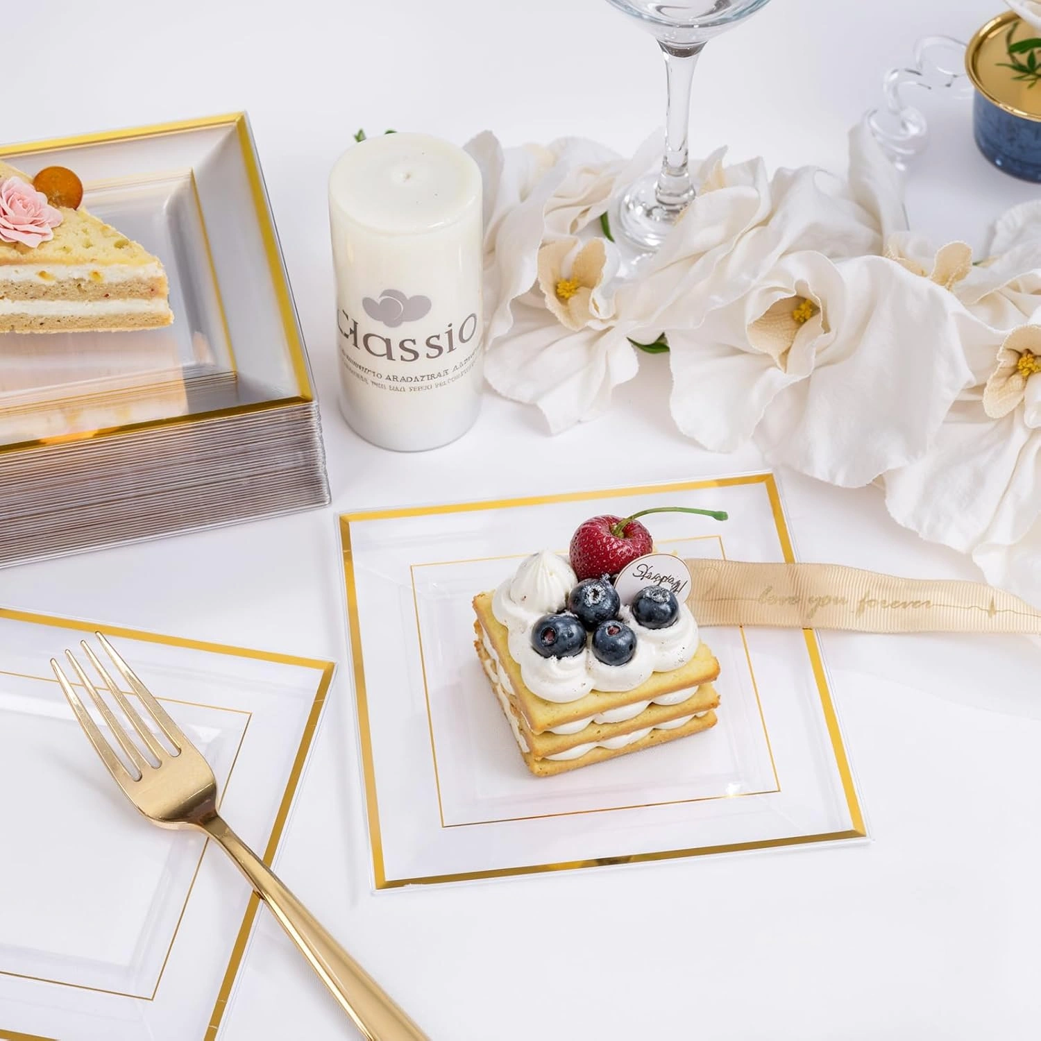 Clear Gold Square Plastic Plates-6inch Disposable Cake Plates- Premium Hard Square Small Appetizer Plates for Wedding/Party — view 14