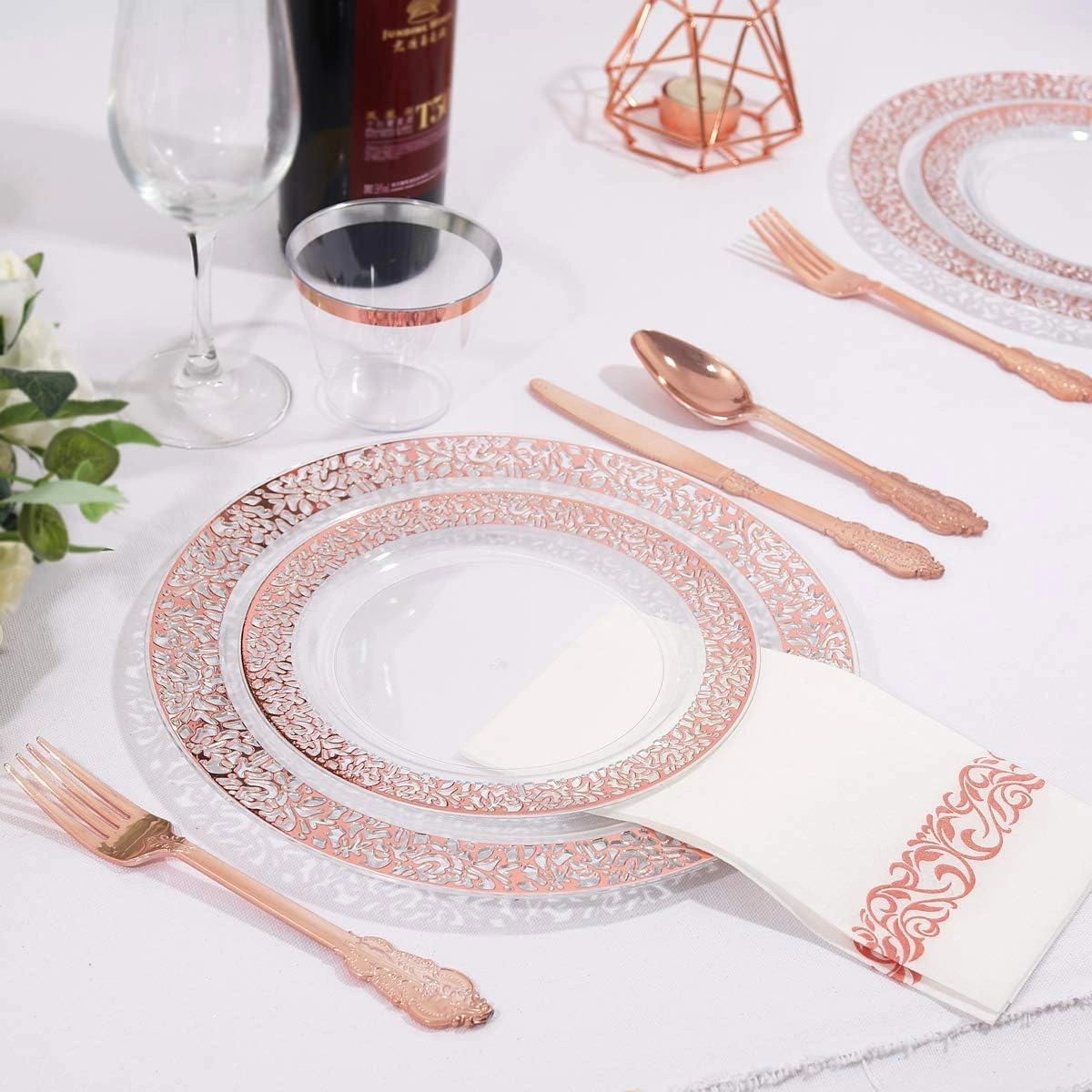 Clear Rose Gold Dark Plastic Plates, Disposable Plates for , Dinnerware Include 50 Dinner Plates 50 Dessert Plates, 50 Cups, 50 Pre Rolled Napkins with Cutlery Set for Party — view 10