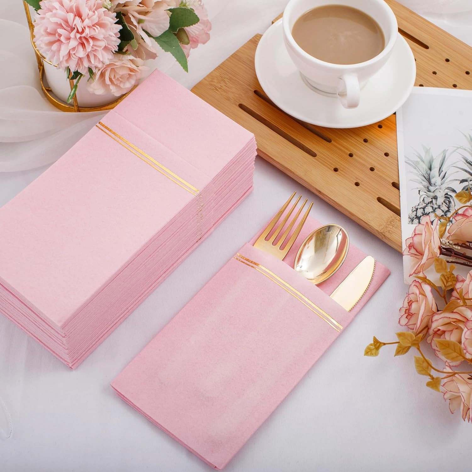 Pink Paper Napkins with Built-in Flatware Pocket — view 16