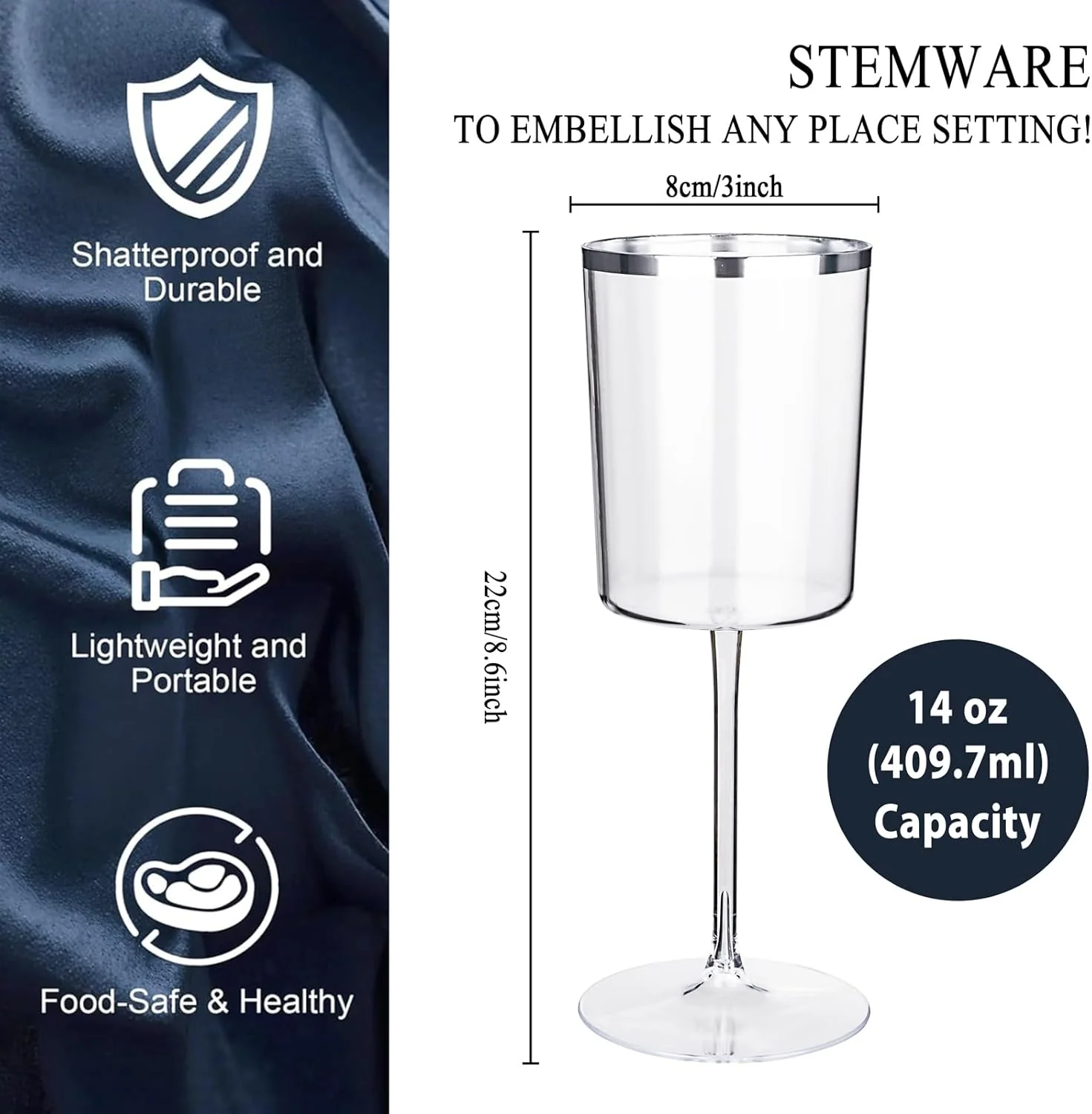 Square Silver Rim Stemmed Plastic Wine Glasses, Clear Design (14 oz) — view 13