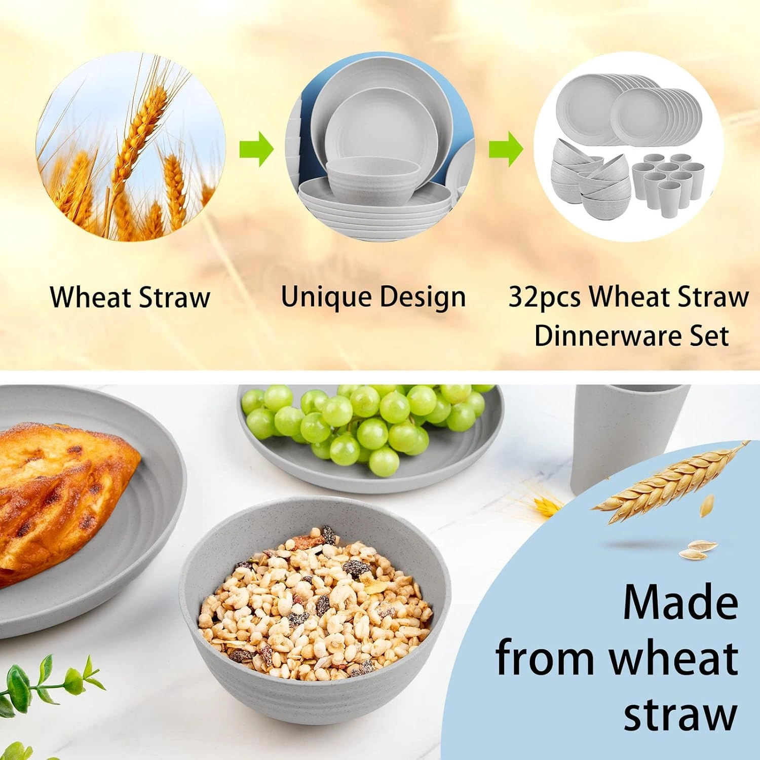 Light Grey Wheat Straw Dinnerware Sets,Unbreakable Dinner Plates for 8,Microwave Dishwasher Safe,Reusable ,Set Plates, Bowls, Cups. — view 14
