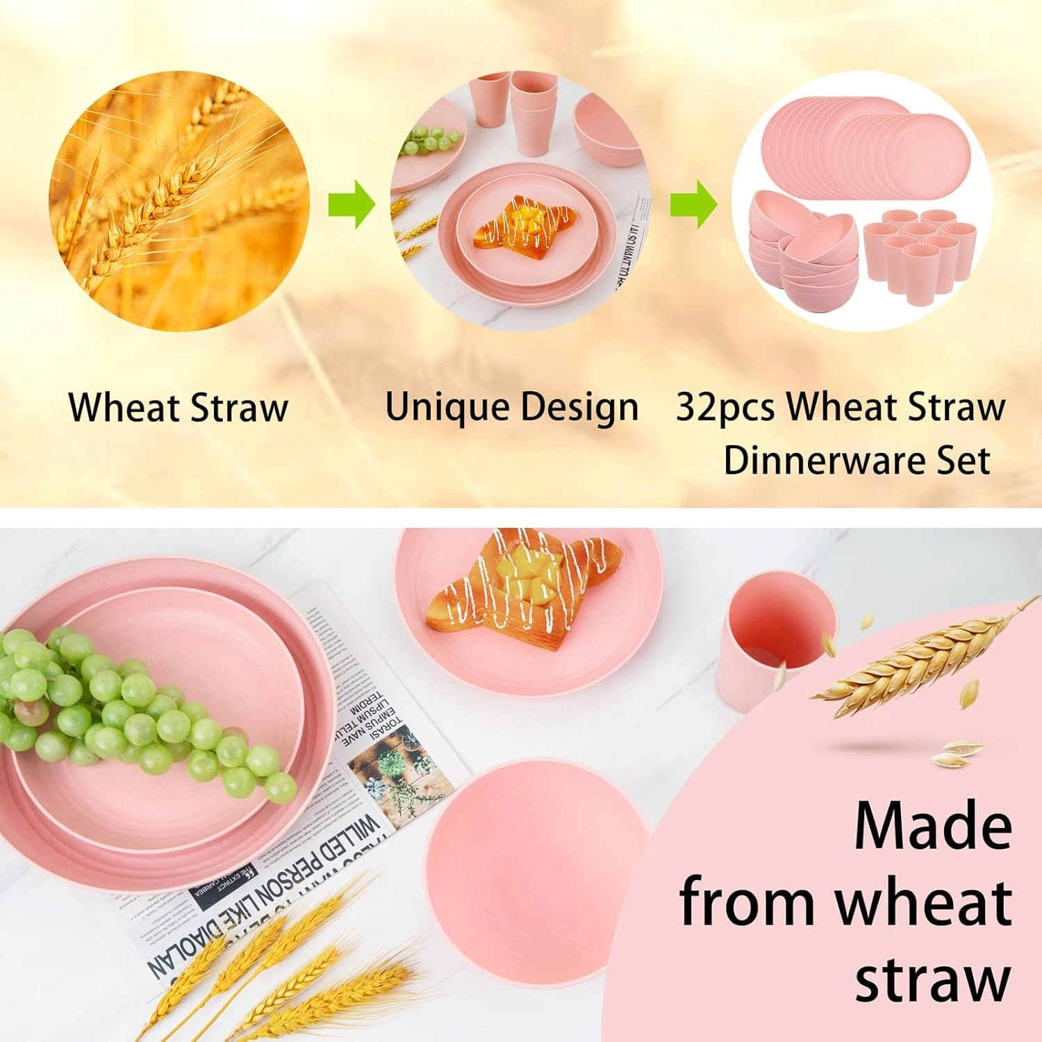 Baby Pink Wheat Straw Dinnerware Sets for 8,Microwave Dishwasher Safe,Unbreakable ,Reusable Tableware Set,Beige Set Plates, Bowls, Cups. — view 14