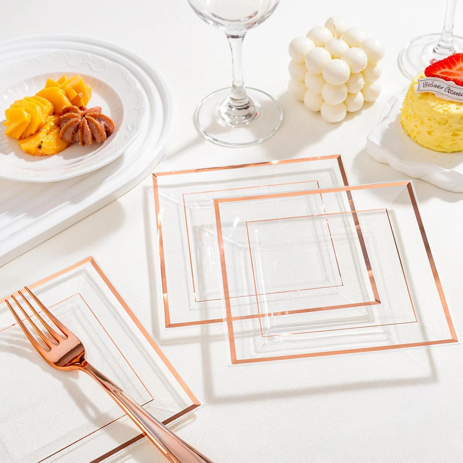 Clear Rose Gold Square Plastic Plates-6inch Disposable Cake Plates- Premium Hard Square Small Appetizer Plates for Wedding/Party — view 16