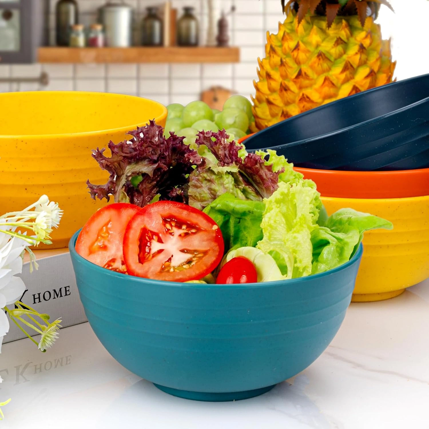 Blue & Dark Blue & Orange & Yellow Wheat Straw Dinnerware Sets,Unbreakable Dinner Plates for 8,Microwave Dishwasher Safe,Reusable ,Set Plates, Bowls, Cups. — view 16