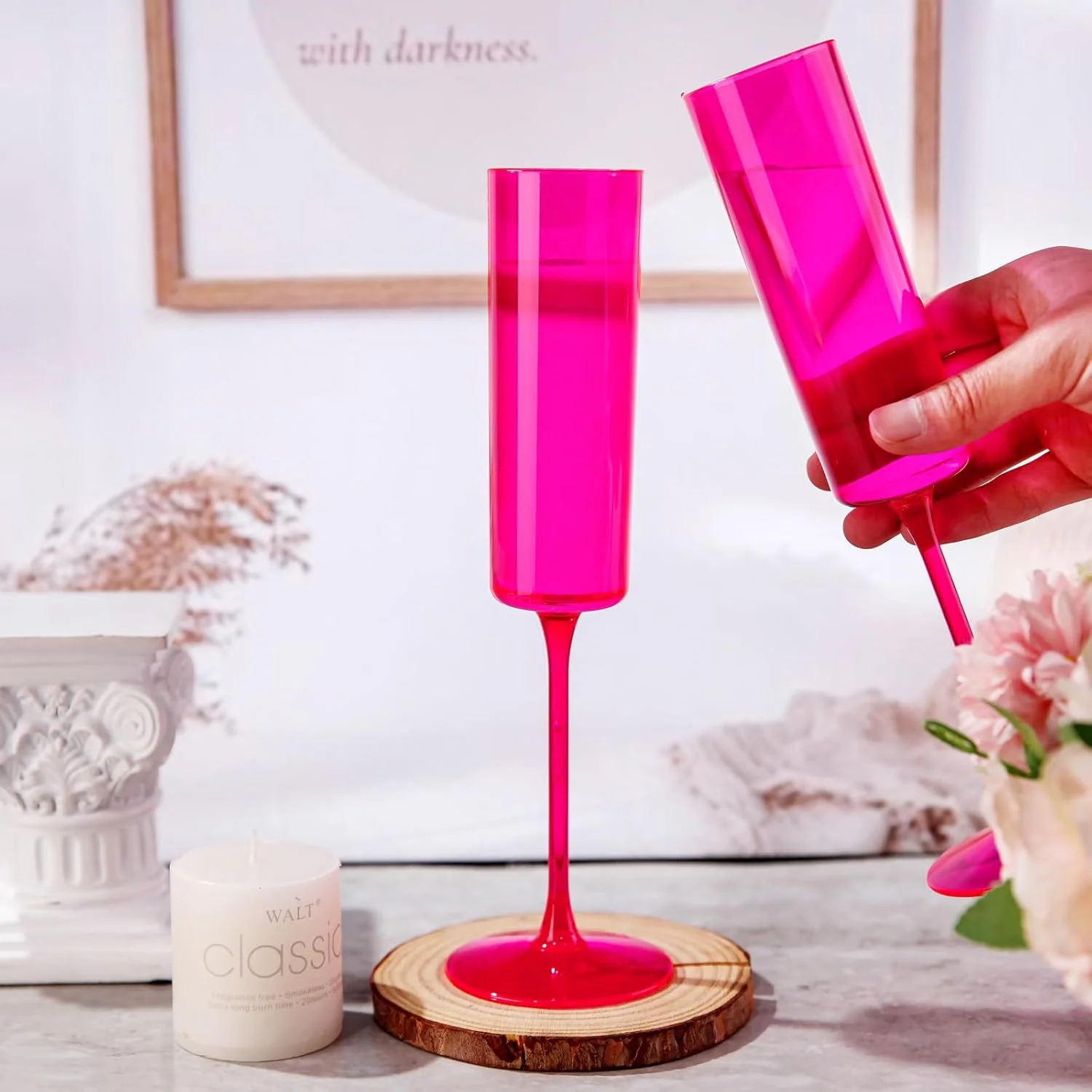 Hot Pink Square Plastic Champagne Flutes, Steammed, Clear Design (6 oz) — view 13