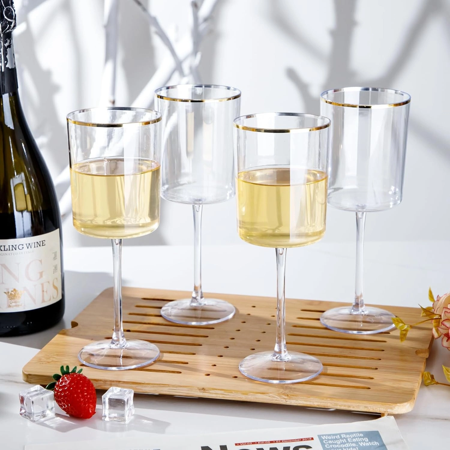 Plastic Stemmed Wine Glasses, Gold Rim, Clear Design (10 oz, 12 Pack) — view 16