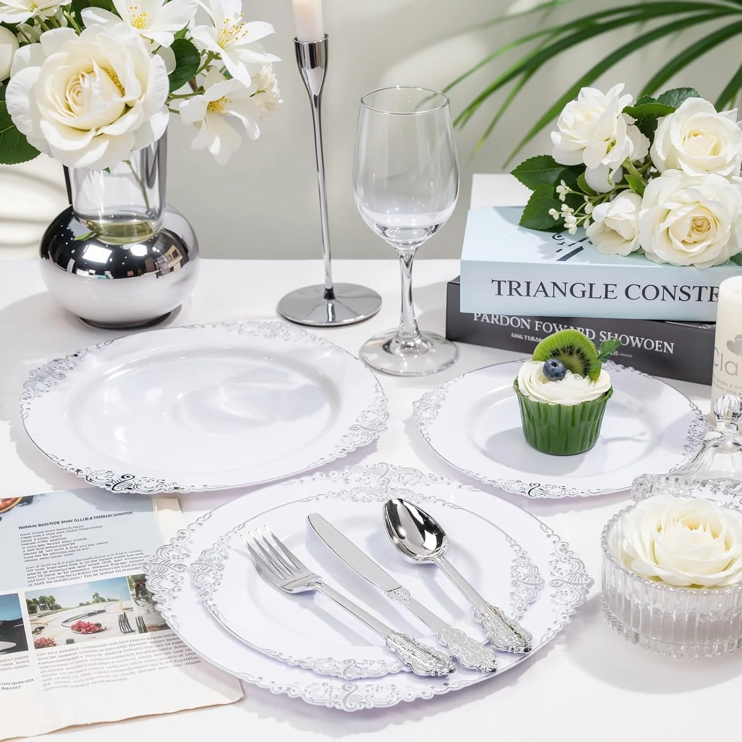 Silver & White Dinnerware Set for 25 Guests — view 12