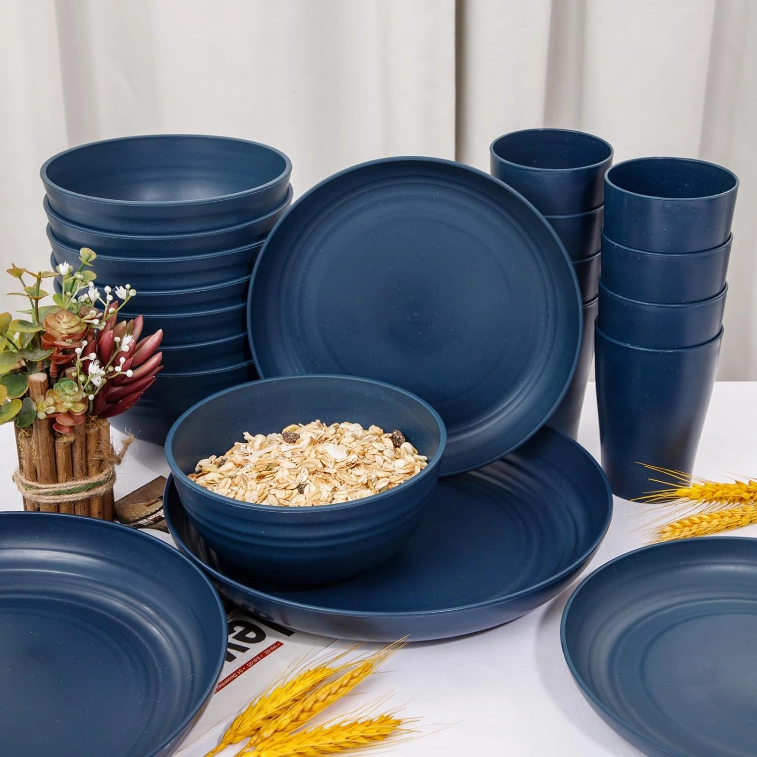 Dark BlueWheat Straw Dinnerware Sets for 8,Microwave Dishwasher Safe,Unbreakable ,Reusable Tableware Set,Beige Set Plates, Bowls, Cups. — view 15