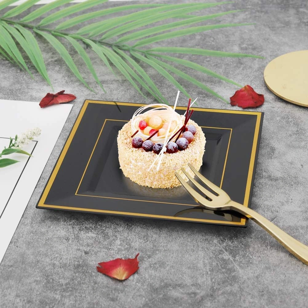 Black With Gold Rim Square Plastic Plates-6inch Disposable Cake Plates- Premium Hard Square Small Appetizer Plates for Wedding/Party — view 12