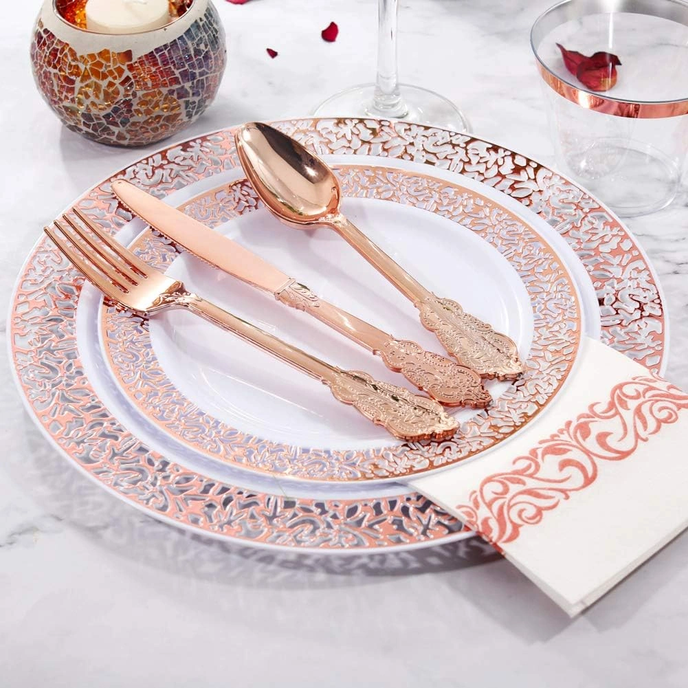 Rose Gold Lace Design Deluxe Disposable Dinnerware Set with Napkins — view 12