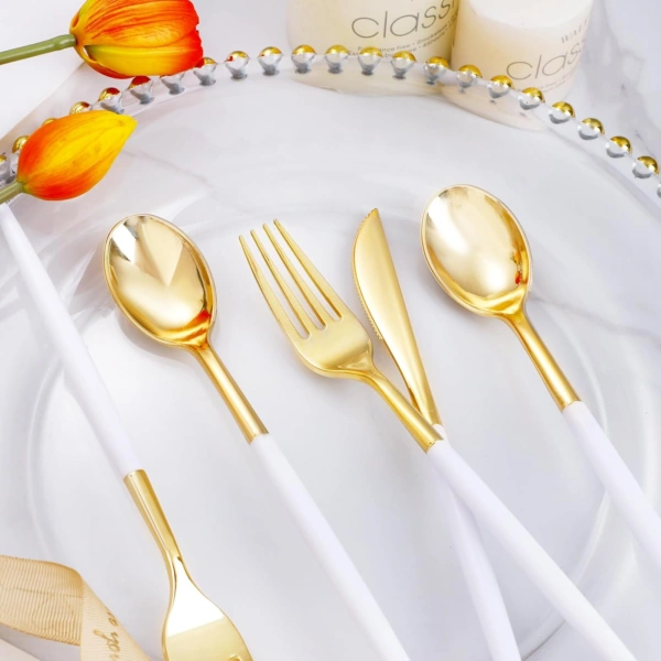 Gold Cutlery Set with White Handles — view 10