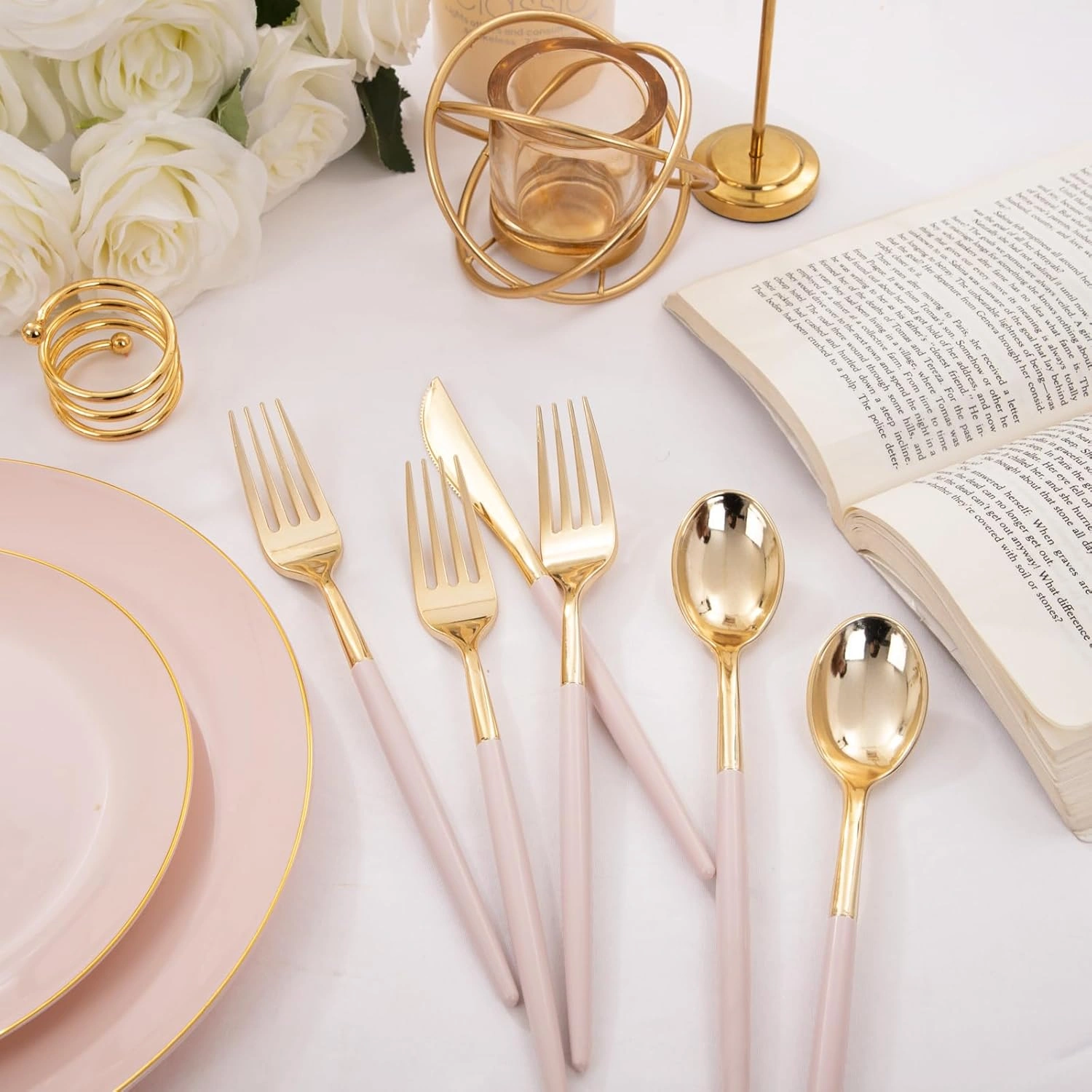 Gold Cutlery Set with Pink Handles — view 12