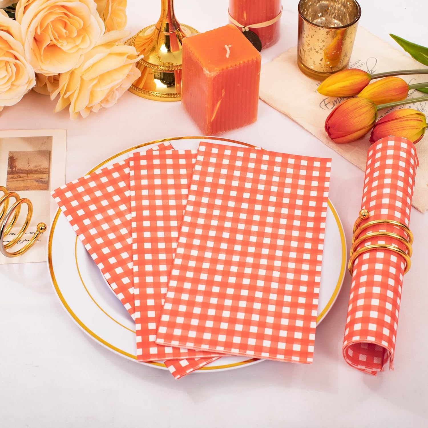 Orange Gingham Paper Napkins — view 13