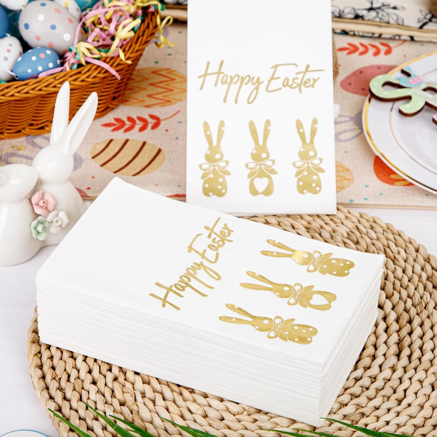 Gold Three Bunny Print Napkins (100 Pieces) — view 13