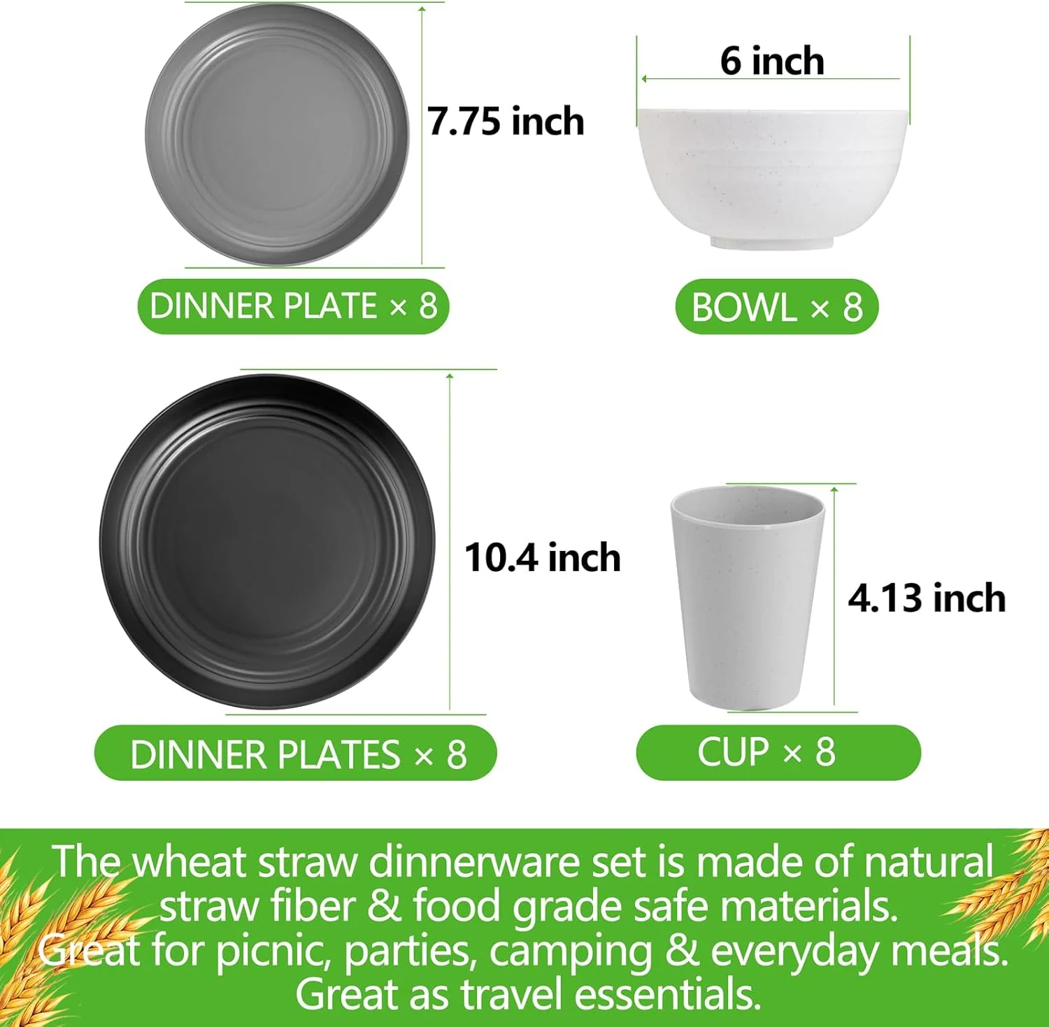 White & Black & Grey & Dark Grey Wheat Straw Dinnerware Sets,Unbreakable Dinner Plates for 8,Microwave Dishwasher Safe,Reusable ,Set Plates, Bowls, Cups. — view 13