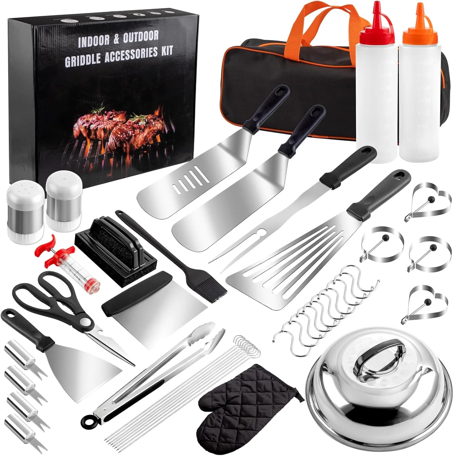 45pcs Blackstone Griddle Accessories Upgraded Barbecue Presses Flat Top Grill Tools for Camp Chef Griddle Cover Salt and Pepper Shakers Grill Black Tools Set Enlarged Spatula Gift Set (45 Pieces) — view 11
