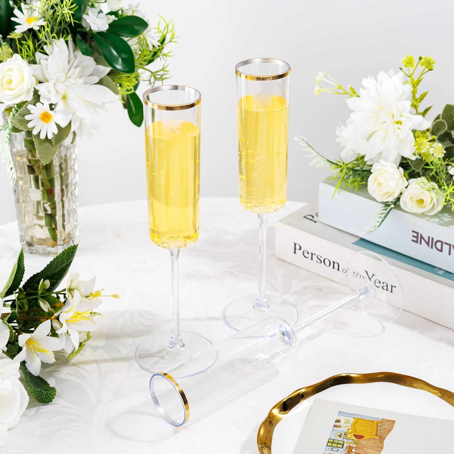 Gold Rim Square Plastic Champagne Flutes, Clear Design (6 oz) — view 12