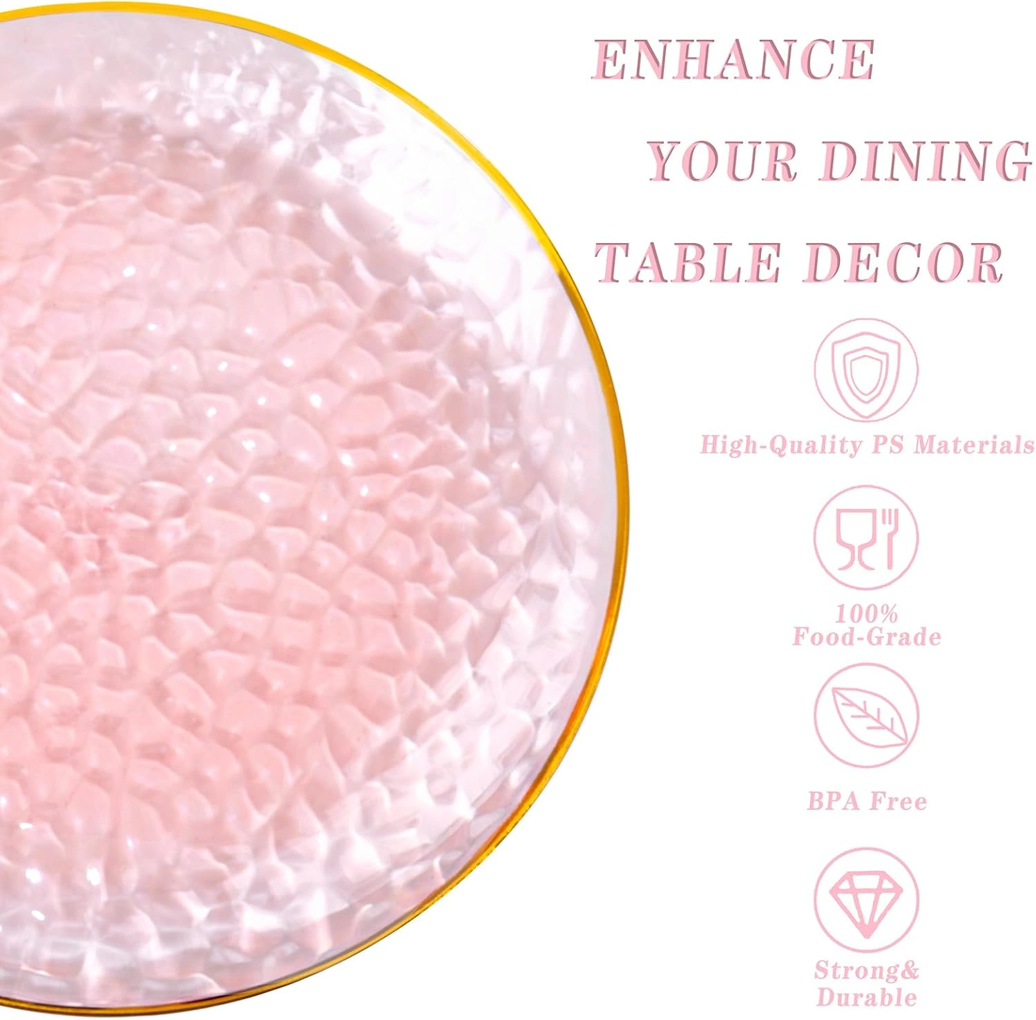 Clear Pink Gold Plastic Plates,Disposable Plates With Rim,Heavy-duty Plates,Hammered Party Plates Include 30Clear Dessert-Platos,30Dinner-Platos for Wedding, Party — view 12