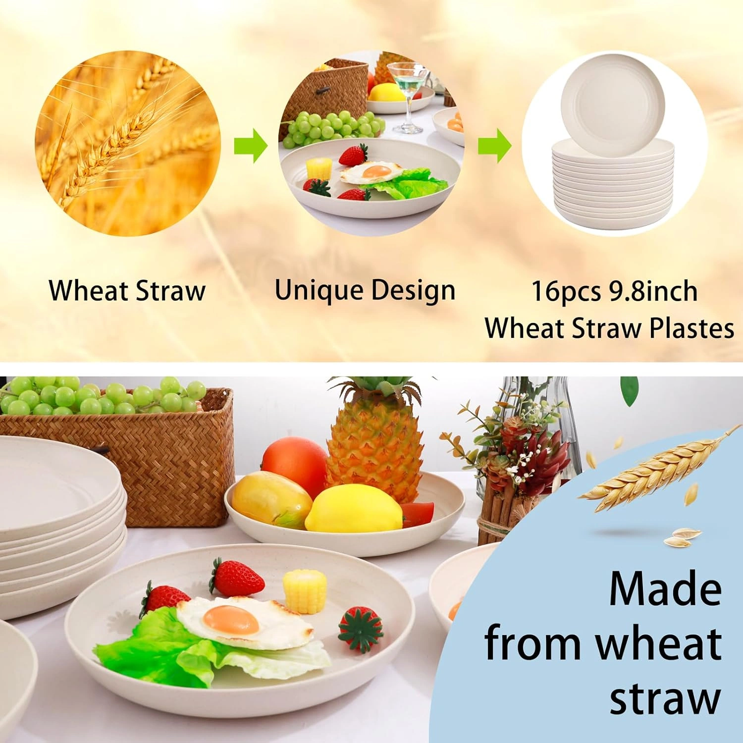 Beige Wheat Straw Plates,Deep Dinner Plastic Plates,Reusable Plates,10 inch Unbreakable Plates Set,Lightweight Microwave Dishwasher Safe,Plastic Plates for Picninc,Camping, RC366-1 — view 14
